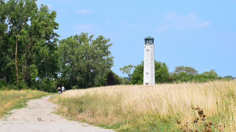 A view of the marble William Livingstone Lighthouse surrounded by tall grasses