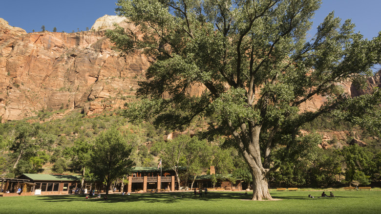 Rustic lodge between sandstone cliffs