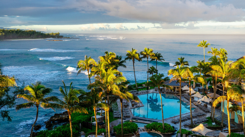 View of the pool and ocean at Turtle Bay resort on Oahu