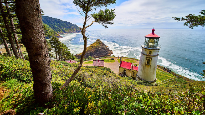 A lighthouse on a hill overlooking the ocean.