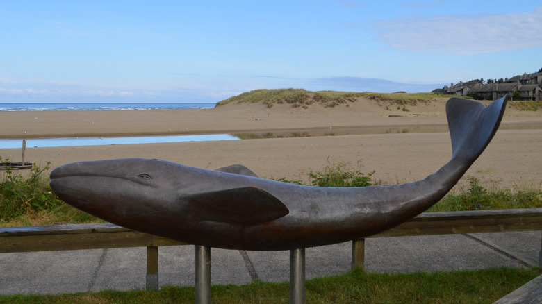 bronze whale statue at Whale Park at Ecola Creek in Cannon Beac