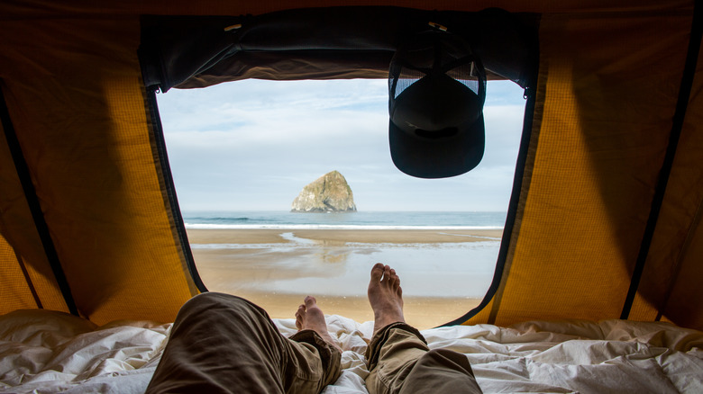 The iconic Haystack Rock as seen from the inside of a tent on Cannon Beach, Oregon