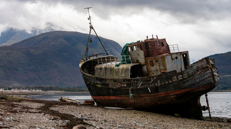 The Corpach Wreck on the shore of Loch Linnhe in the Scottish Highlands