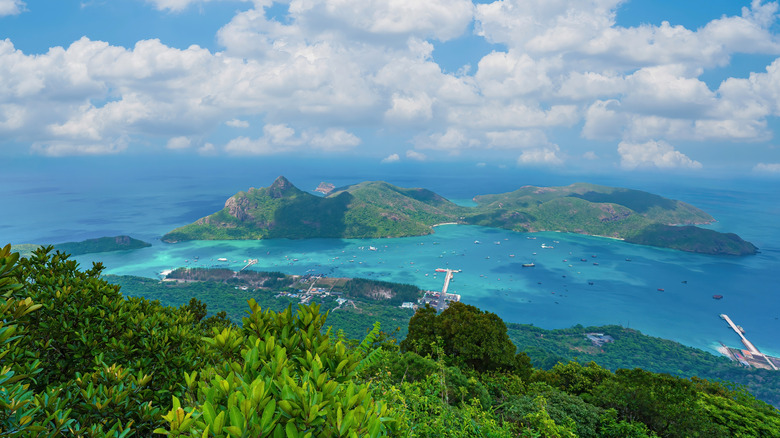 Aerial views of Con Dao mountains and sea.