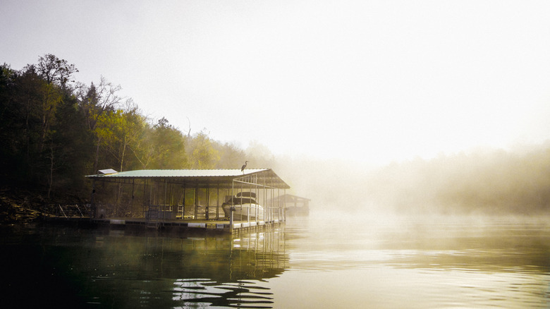 Boat dock on foggy Table Rock Lake at dawn