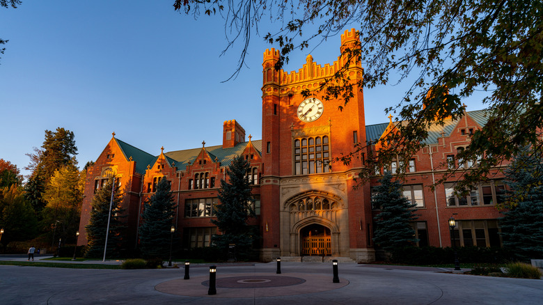 Golden hour sunlight shining on a University of Idaho building in Moscow
