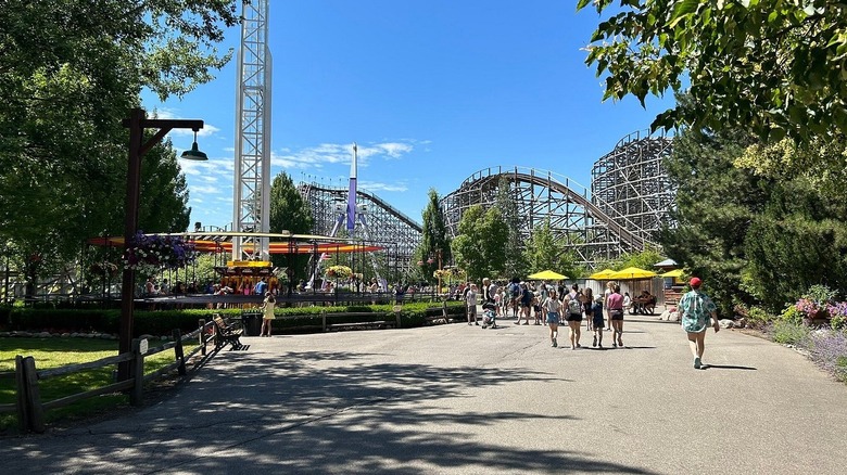 Walkway and coasters in background at Silverwood Theme Park