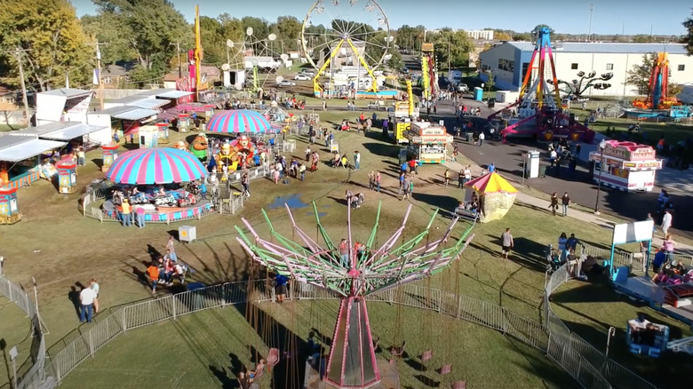An aerial view of a carnival theme park