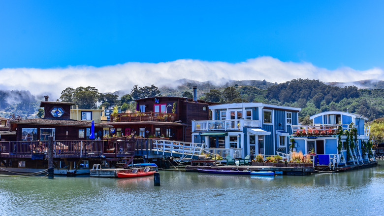 Colorful, floating houses in Sausalito, California