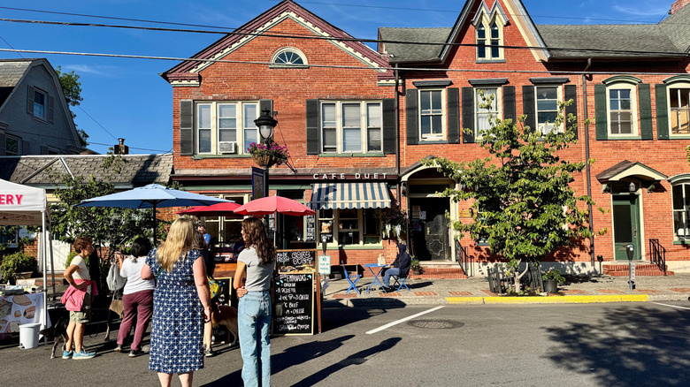 Patrons wait to order coffee at a Stroudsburg farmers' market