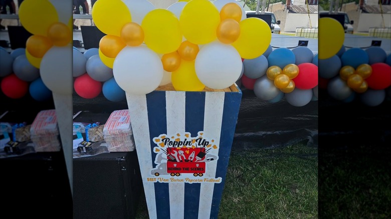 A balloon display that looks like popcorn at the Van Buren Popcorn Festival