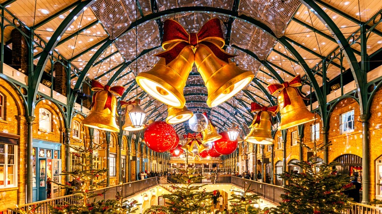Bells and ornaments adorn Covent Garden's Market Building in London