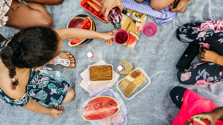 Overhead view of a family having a picnic