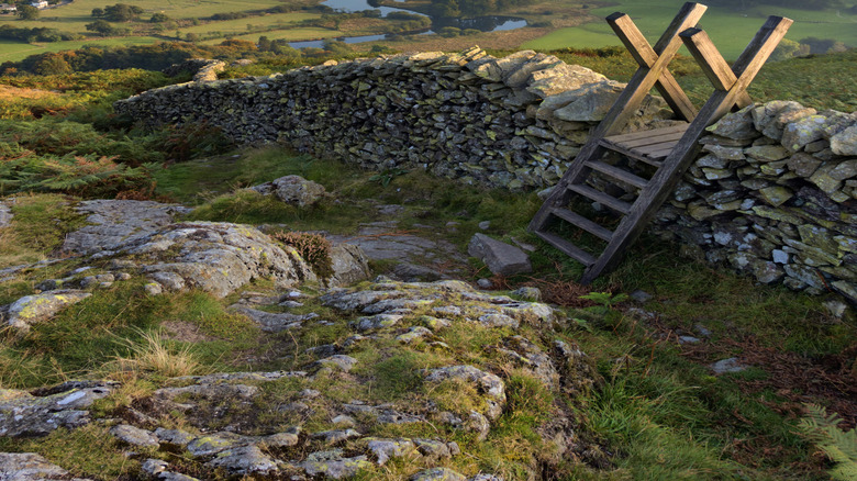 A stone wall with water in the distance in the Lake District