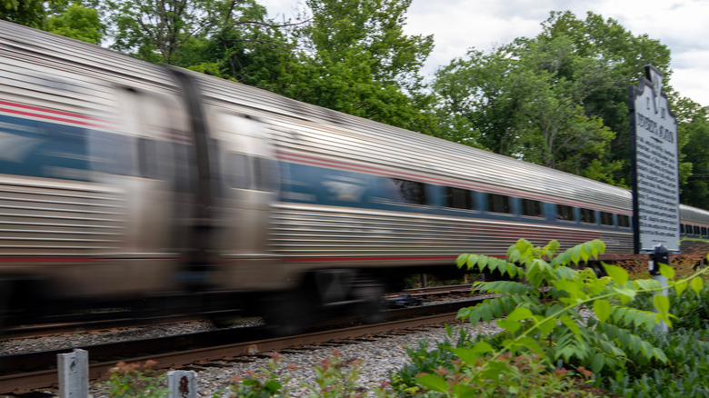 An Amtrak train in motion