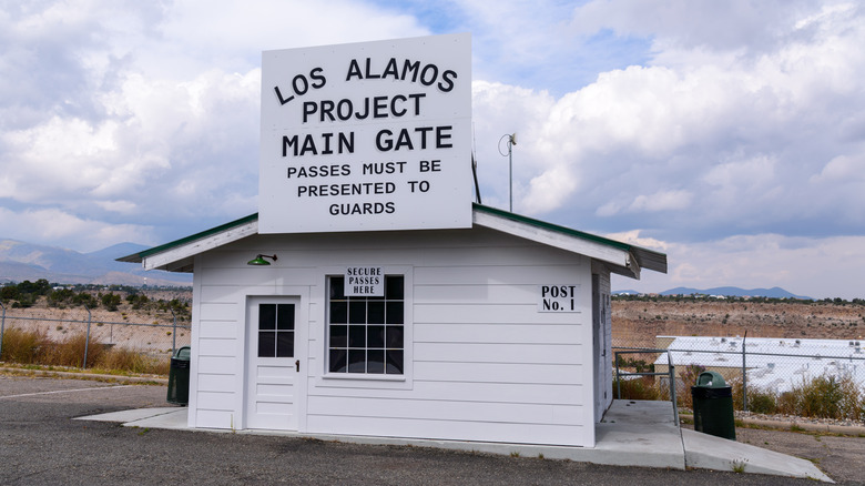 The replica white Main Gate building of Los Alamos, New Mexico