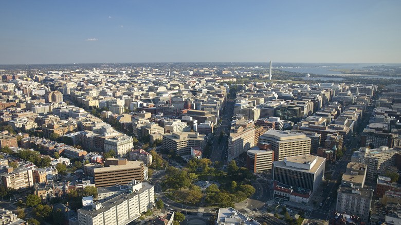 Aerial view of the streets and buildings of Washington D.C.