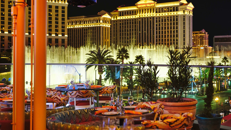 Terrace seating facing the Strip at Caramella Restaurant and Lounge at Planet Hollywood Resort & Casino in Las Vegas, Nevada