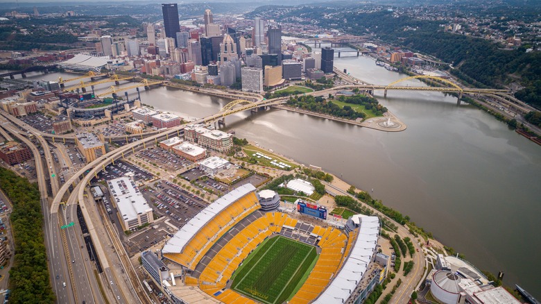 A birds eye view of the Steelers and Pirates stadiums and downtown in the background