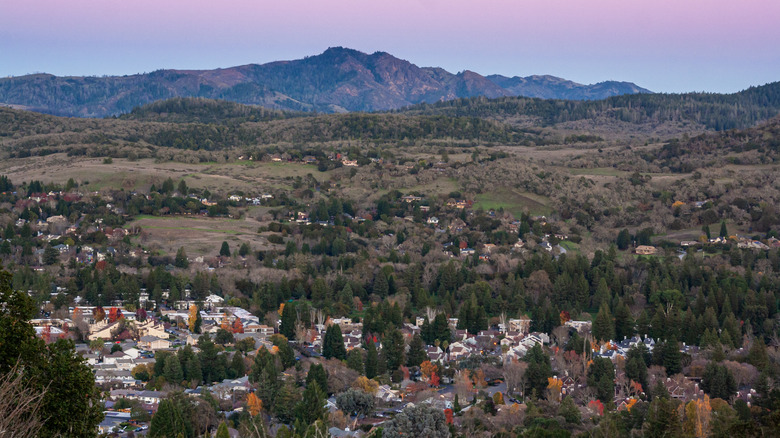 Aerial view of Santa Rosa, California at sunset with mountains in the background