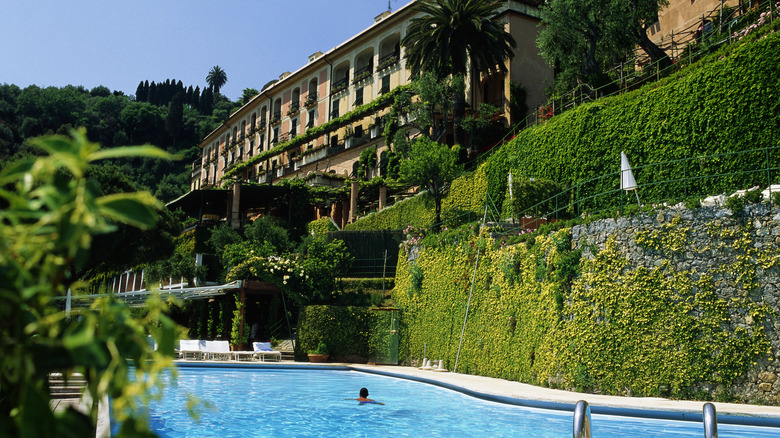 View of The Hotel Splendido from the swimming pool in Portofino