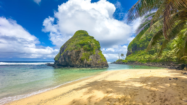 Rock formations and palm trees on Tutuila Island, America Samoa