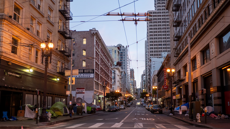 Tents and trash line Mason Street in the Tenderloin District of San Francisco, California