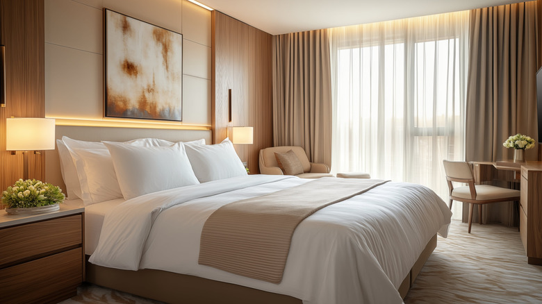 A bed in a hotel room surrounded by tan decorations