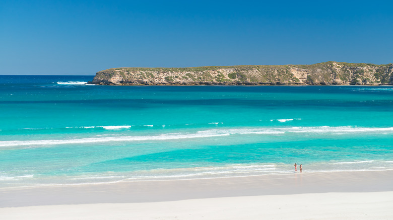 Two people on a white-sand beach with turquoise water
