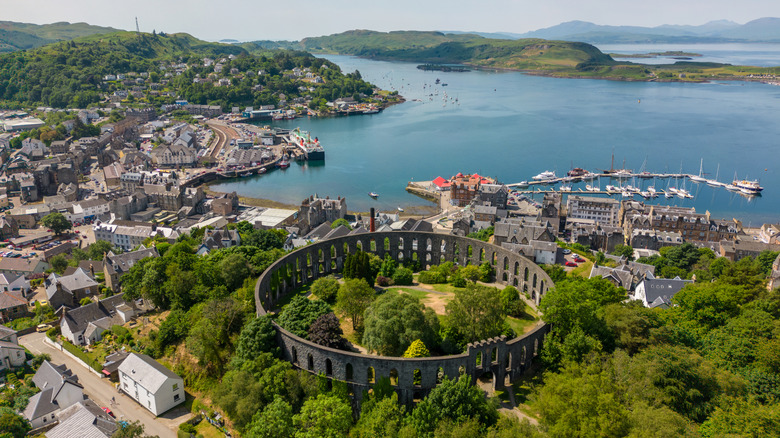 Aerial view of the coastal town of Oban, Scotland