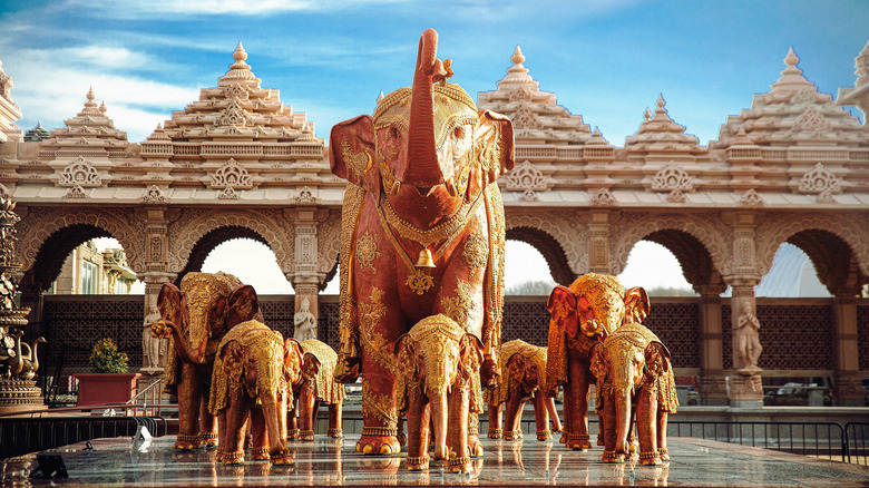 Elephant sculptures at Swaminarayan Akshardham in Robbinsville, New Jersey
