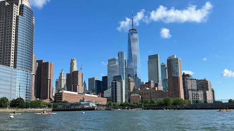 View of the One World Trade Center and other buildings from the water in New York City