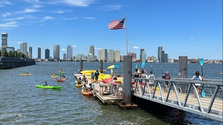Kayaking at Pier 26 with the New York City skyline as the backdrop