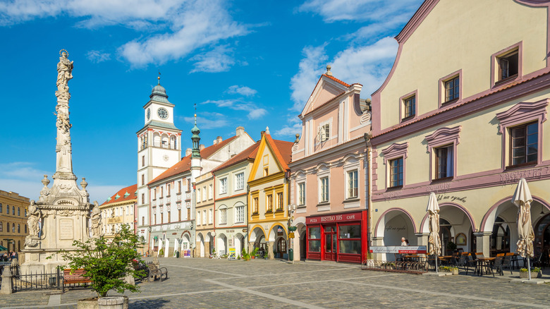 Colorful buildings at Masaryk Square in Trebon in the Czech Republic