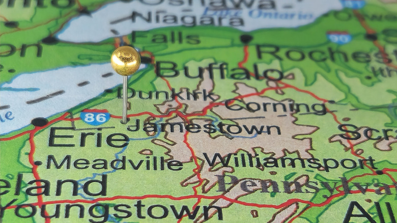 A pin in Jamestown, New York, on the map