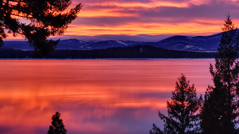 Sunset in tones of fuschia, yellow and purple over California's Lake Almanor
