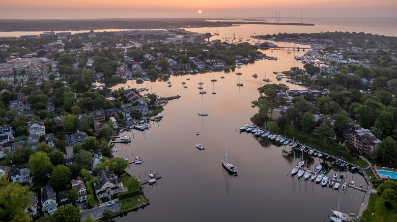 Spa Creek snaking through Annapolis with view of boats and homes