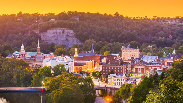 Downtown Frankfort with a hilly terrain in the backdrop