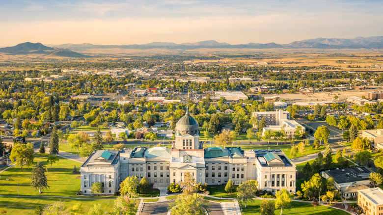 Montana's Legislative Buildings with mountains in the backdrop