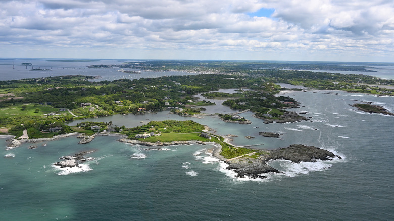 A verdant Aquidneck Island surrounded by water in Rhode Island