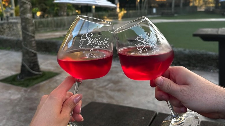 Two wine glasses clinking with the Schnebly Redland's Winery logo