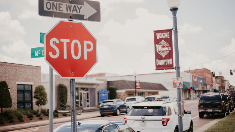 Street with traffic signs and cars in Minden, Louisiana