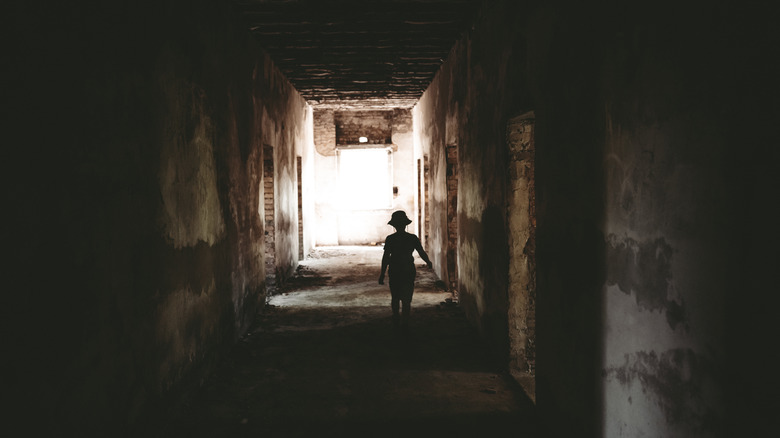 A child is silhouetted in an abandoned, dark hallway lined with bricks and concrete.