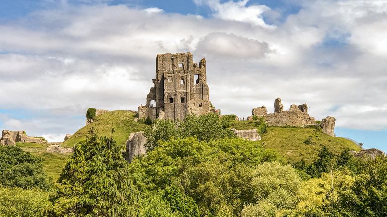 Aerial view of Corfe Castle, England