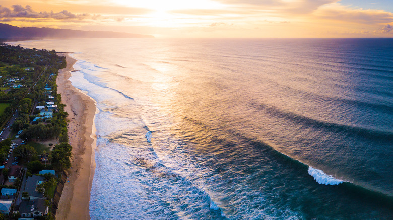 Aerial view of the beach and the ocean in Oahu, Hawaii