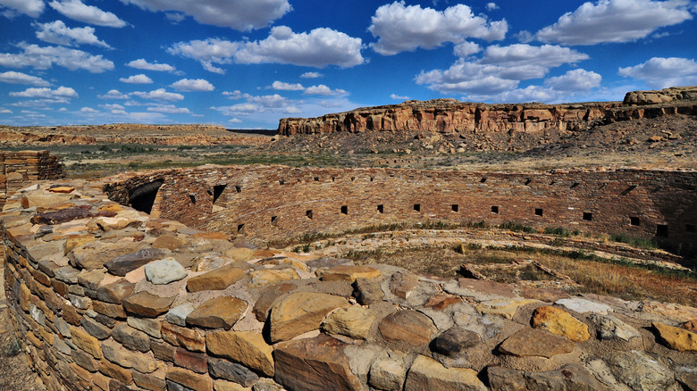 A wide angle shot of the Casa Rinconada in Chaco Culture National Historical Park