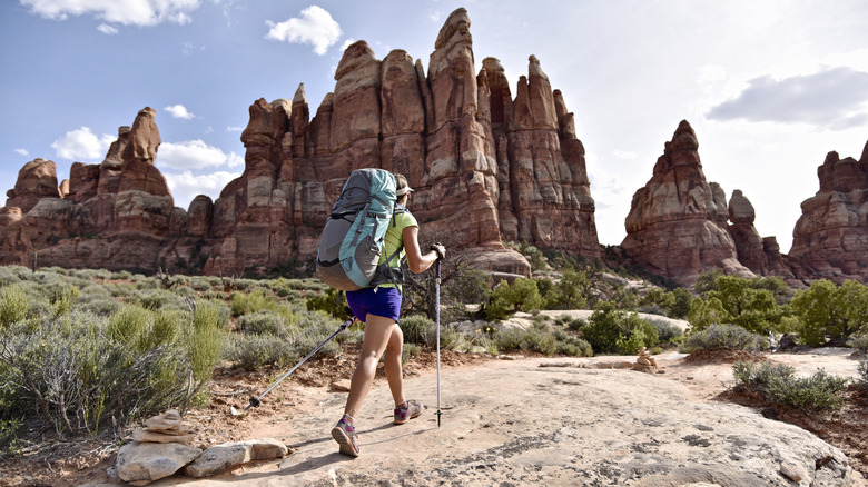 hiker walking through Needles district in Canyonlands