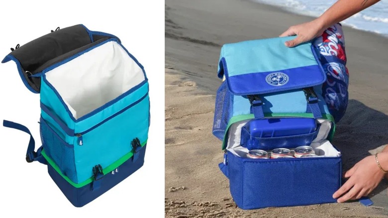 An aquamarine and dark blue cooler backpack from Costco on the damp sand.