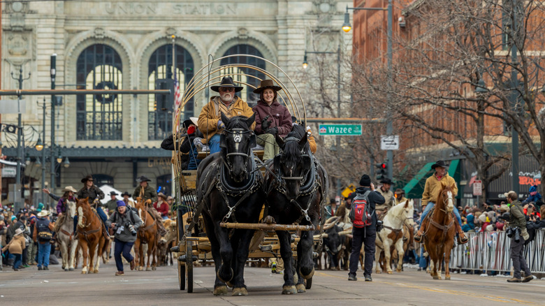 Horse riders and people in carriages moving along streets in Downtown Denver during the National Western Stock Show Parade