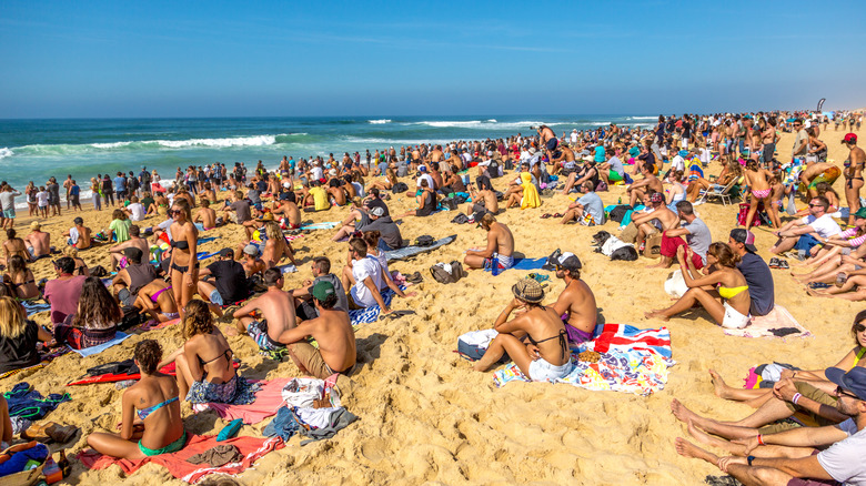 Busy beach scenes during the World Surf League Quiksilver Pro in Hossegor